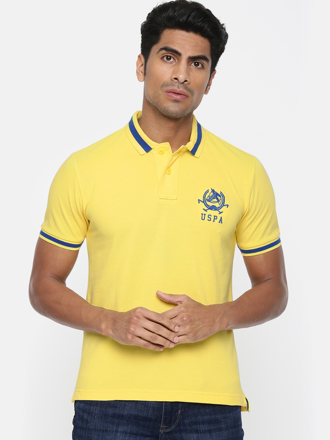 

U.S. Polo Assn. Men Yellow Solid Polo Collar Pure Cotton T-shirt