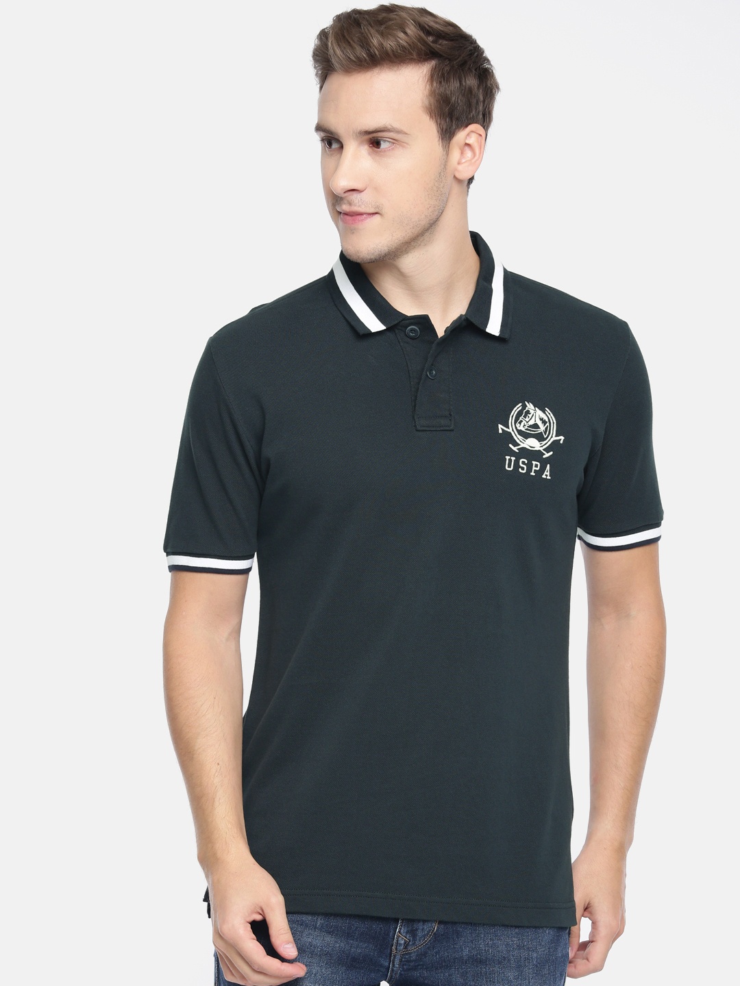 

U.S. Polo Assn. Men Navy Blue White Solid Polo Collar Pure Cotton T-shirt