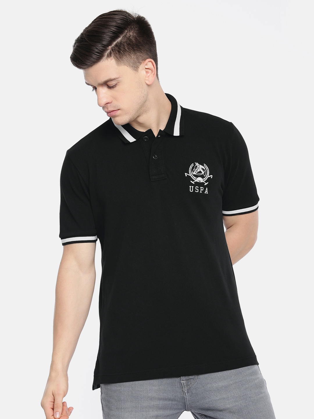 

U.S. Polo Assn. Men Black Solid Embroidered Polo Collar Pure Cotton T-shirt