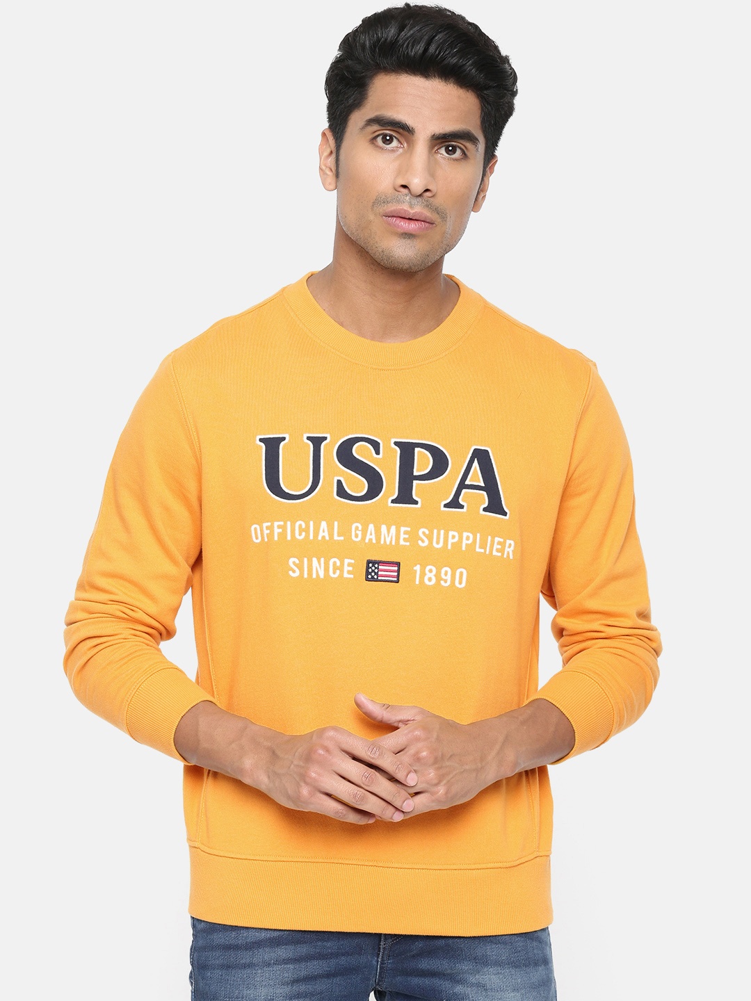 

U.S. Polo Assn. Men Mustard Yellow Embroidered Pullover Sweatshirt