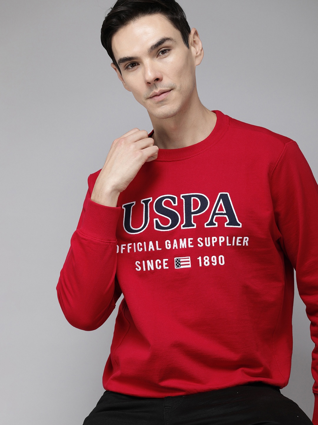 

U.S. Polo Assn. Men Red & Navy Pure Cotton Brand Logo Applique Sweatshirt