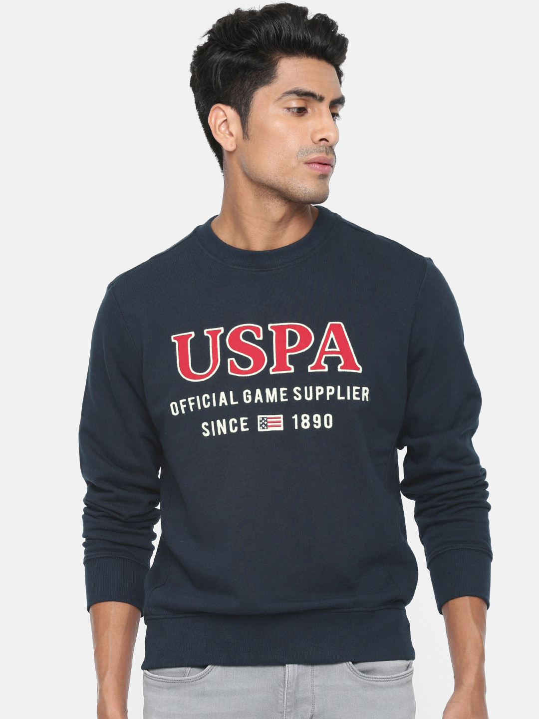 

U.S. Polo Assn. Men Navy Blue Embroidered Pullover Sweatshirt