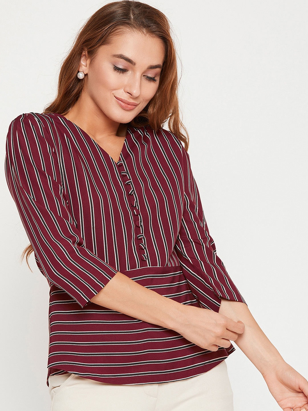 

RARE Women Maroon Striped Top