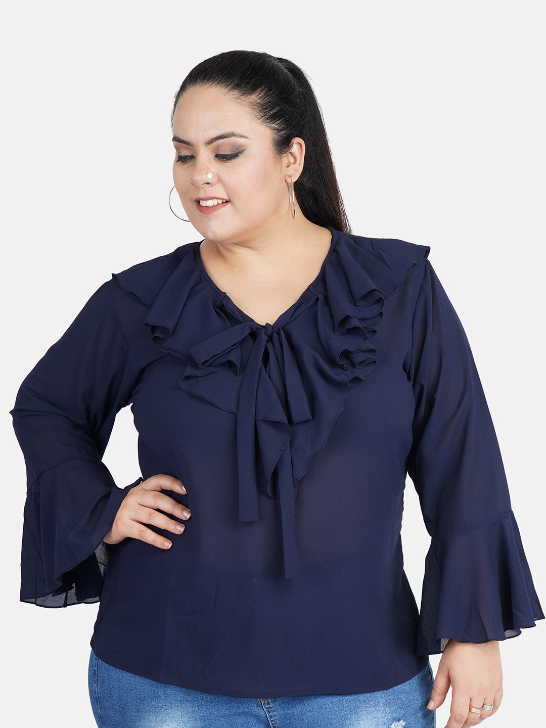 

Indietoga Women Blue Solid A-Line Plus Size Top