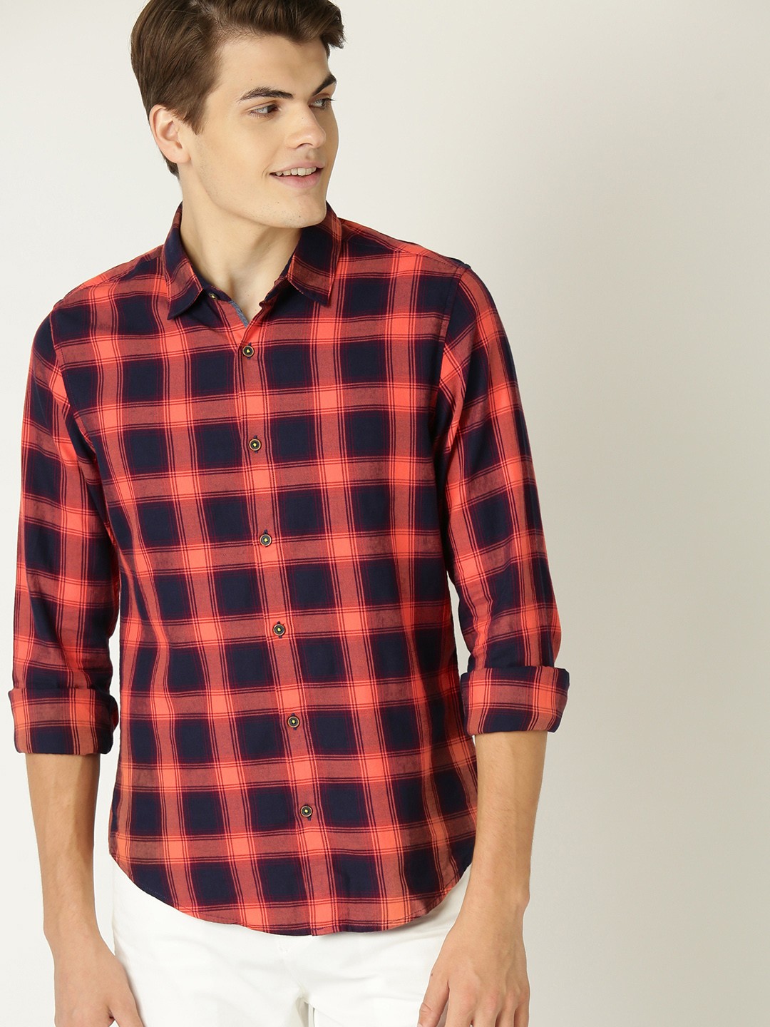 

United Colors of Benetton Men Navy Blue & Orange Slim Fit Flannel Checked Casual Shirt