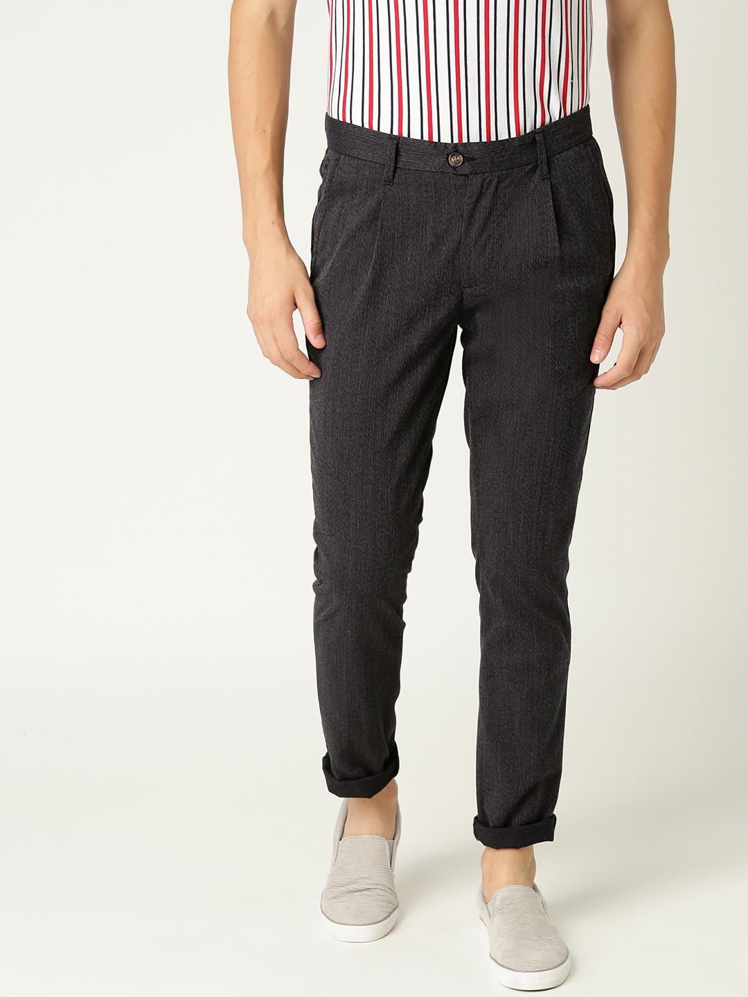 

United Colors of Benetton Men Charcoal Grey Tailored Slim Fit Self Design Regular Trousers
