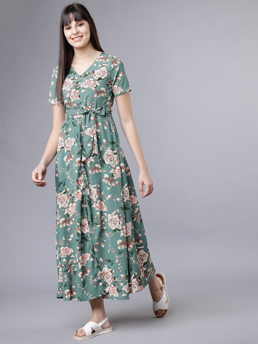 

Tokyo Talkies Women Green Floral Print Maxi Dress