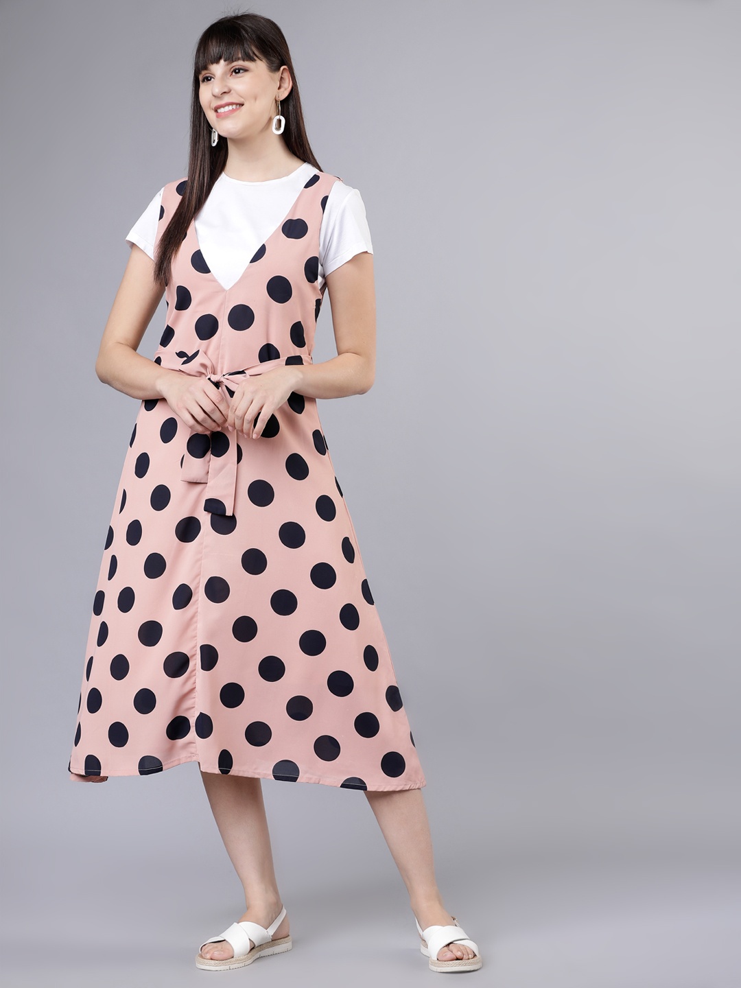 

Tokyo Talkies Women Pink & Black Polka Dots Printed Pinafore Dress