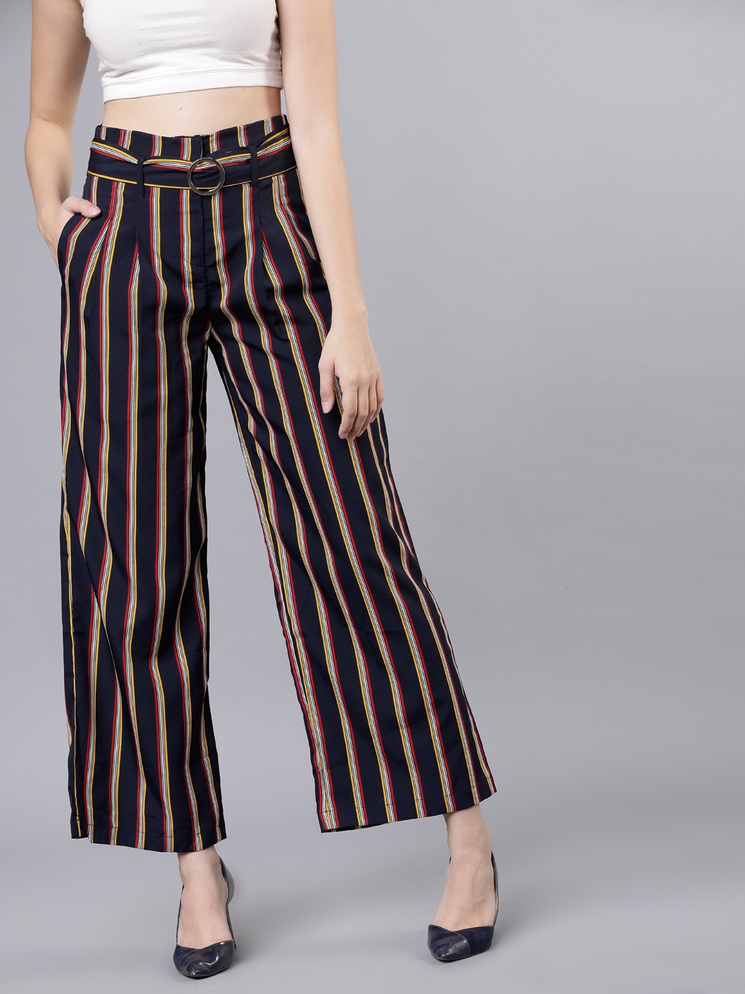 

Tokyo Talkies Women Navy Blue & Red Printed Straight Palazzos