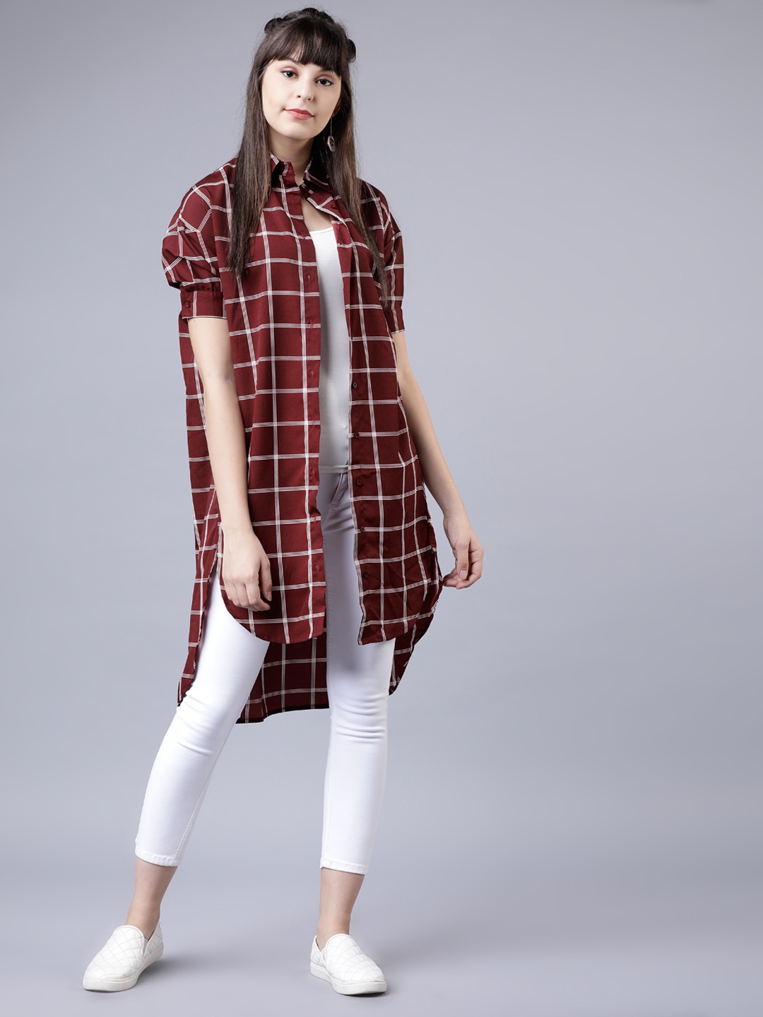 

Tokyo Talkies Women Burgundy & White Regular Fit Checked Casual Shirt
