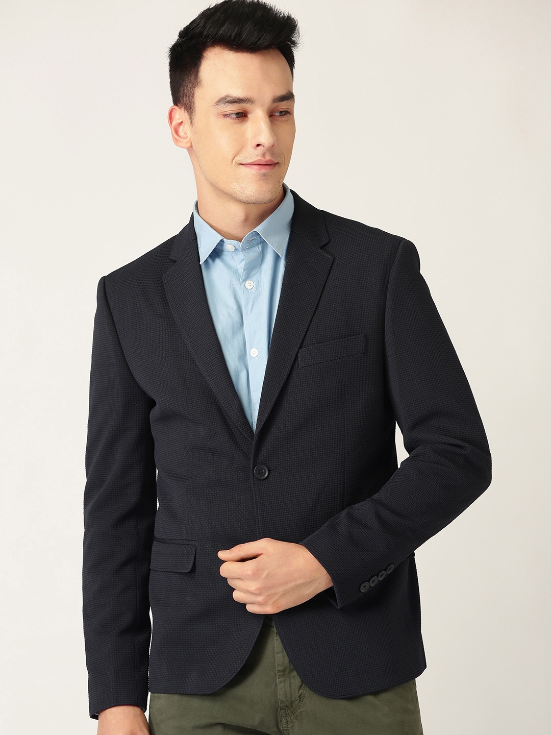 

United Colors of Benetton Men Navy Blue Self Design Single-Breasted Casual Blazer