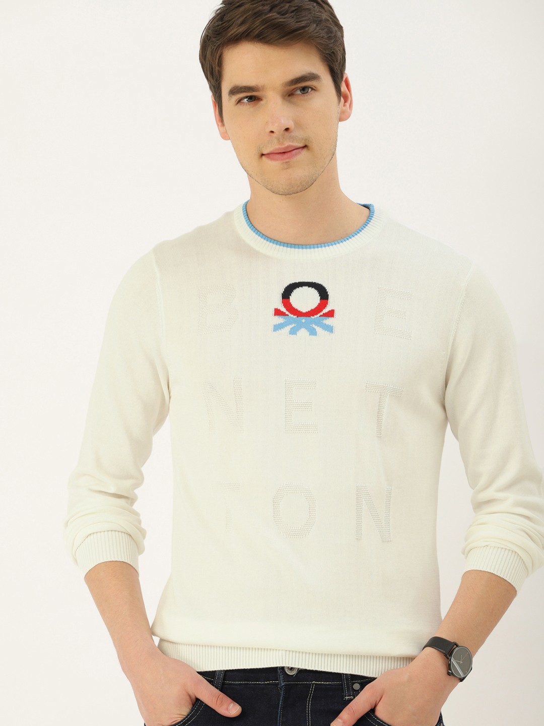 

United Colors of Benetton Men Off-White Self Design Sweater