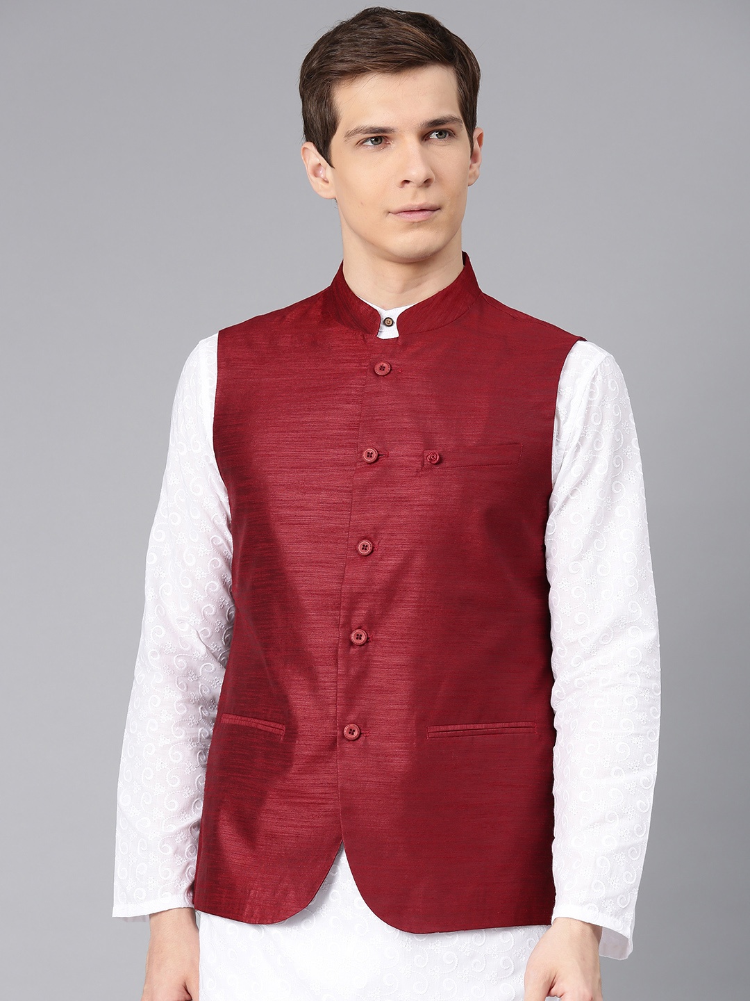 

Freehand by The Indian Garage Co Men Maroon Solid Nehru Jacket