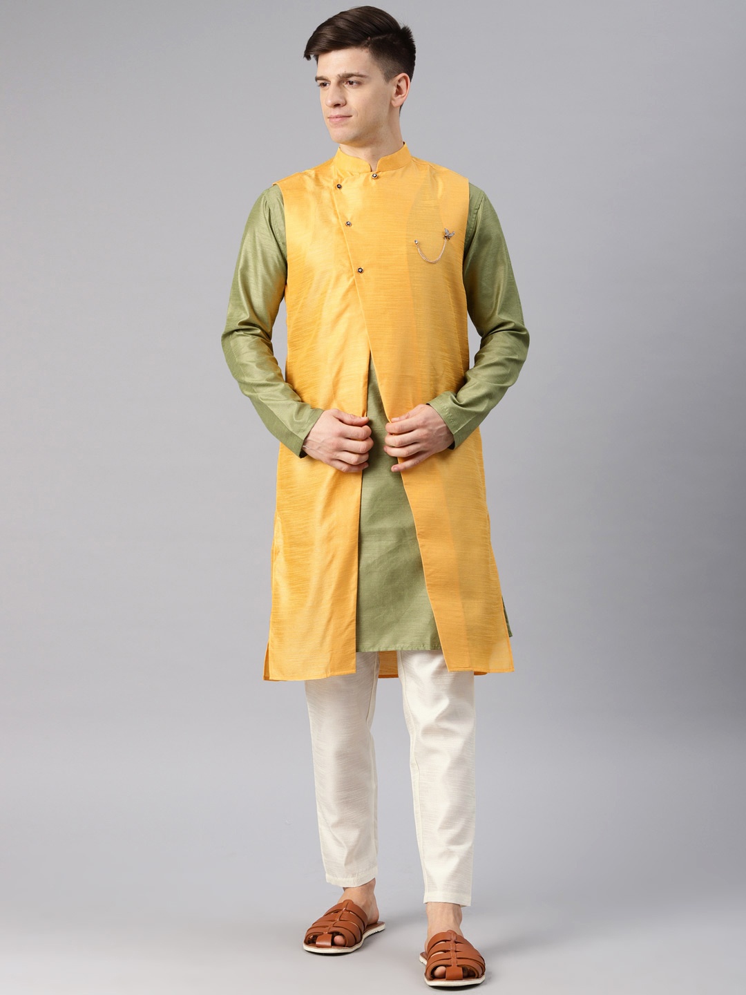 

Freehand Men Yellow & Off-White Solid Sherwani Set With Jacket