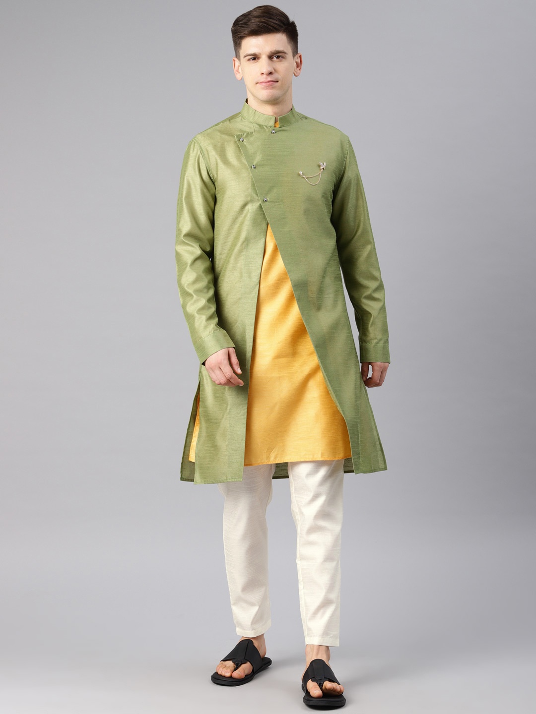 

Freehand Men Yellow & Green Solid Layered Sherwani with Pyjamas