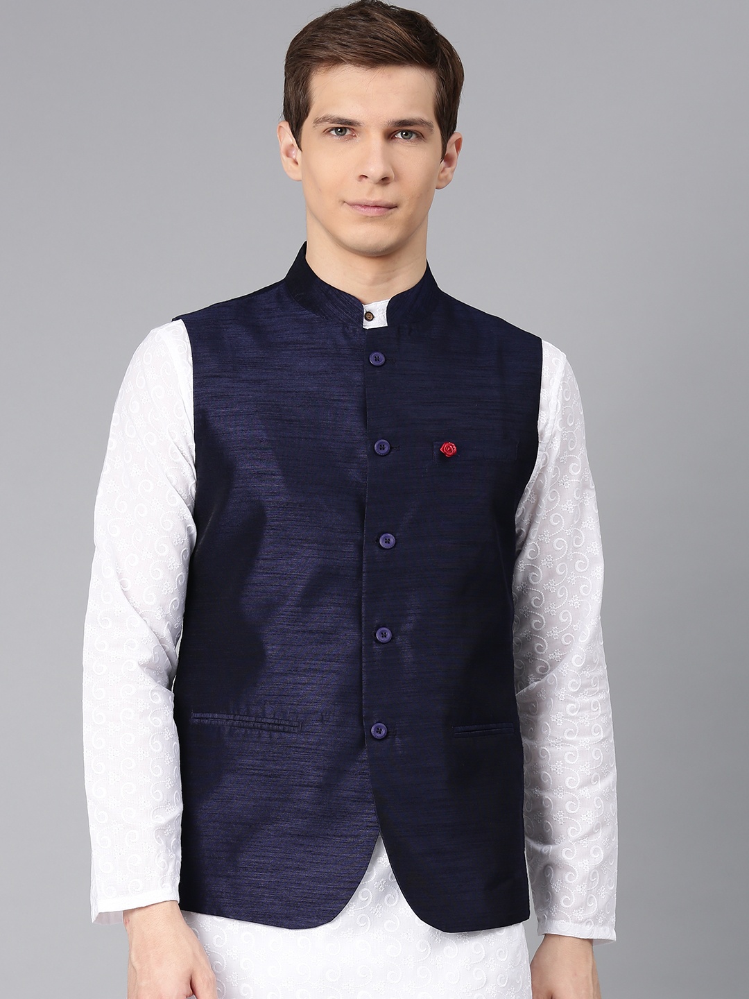 

Freehand by The Indian Garage Co Men Navy Blue Solid Nehru Jacket
