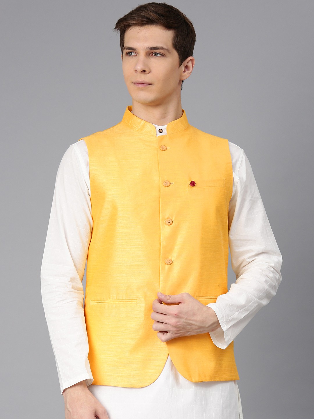 

Freehand by The Indian Garage Co Men Yellow Solid Nehru Jacket