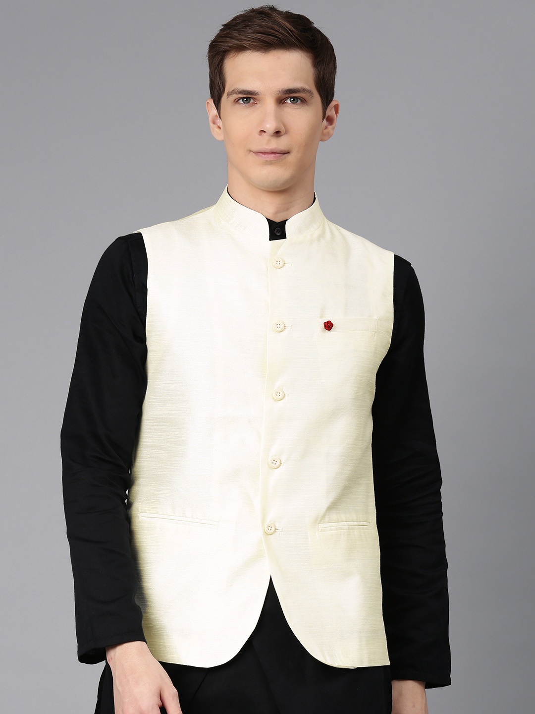 

Freehand by The Indian Garage Co Men Cream-Coloured Solid Nehru Jacket