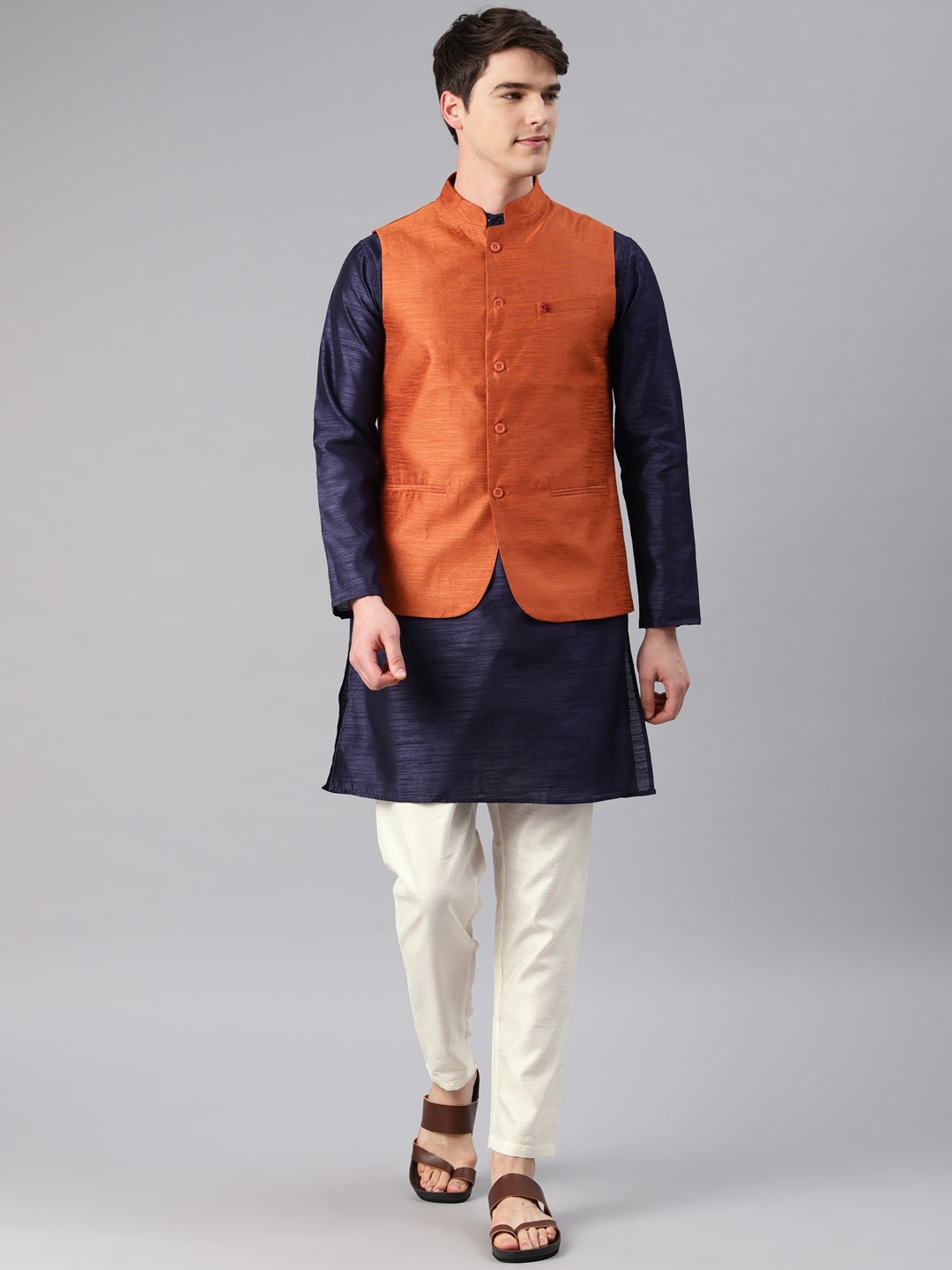 

Freehand Men Rust Orange & Cream-Coloured Solid Kurta Set with Nehru Jacket