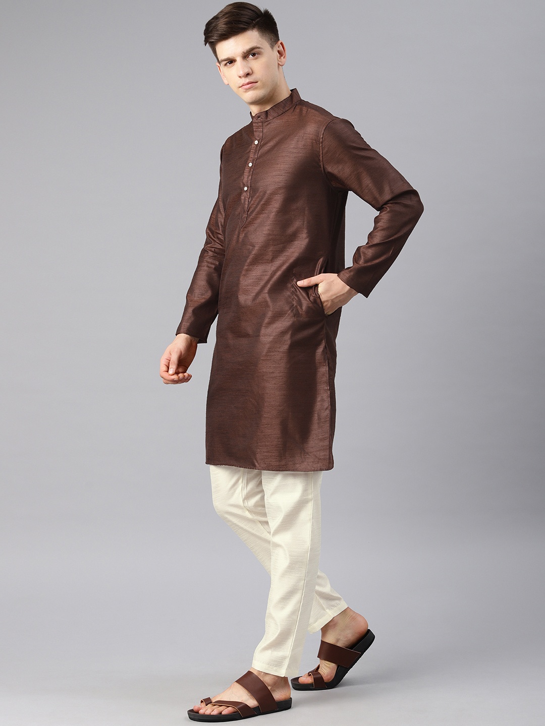 

Freehand by The Indian Garage Co Men Brown Cream Solid Kurta with Pyjamas