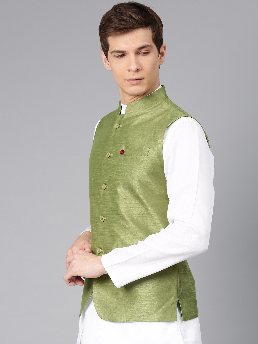 

Freehand by The Indian Garage Co Men Green Solid Nehru Jacket, Olive