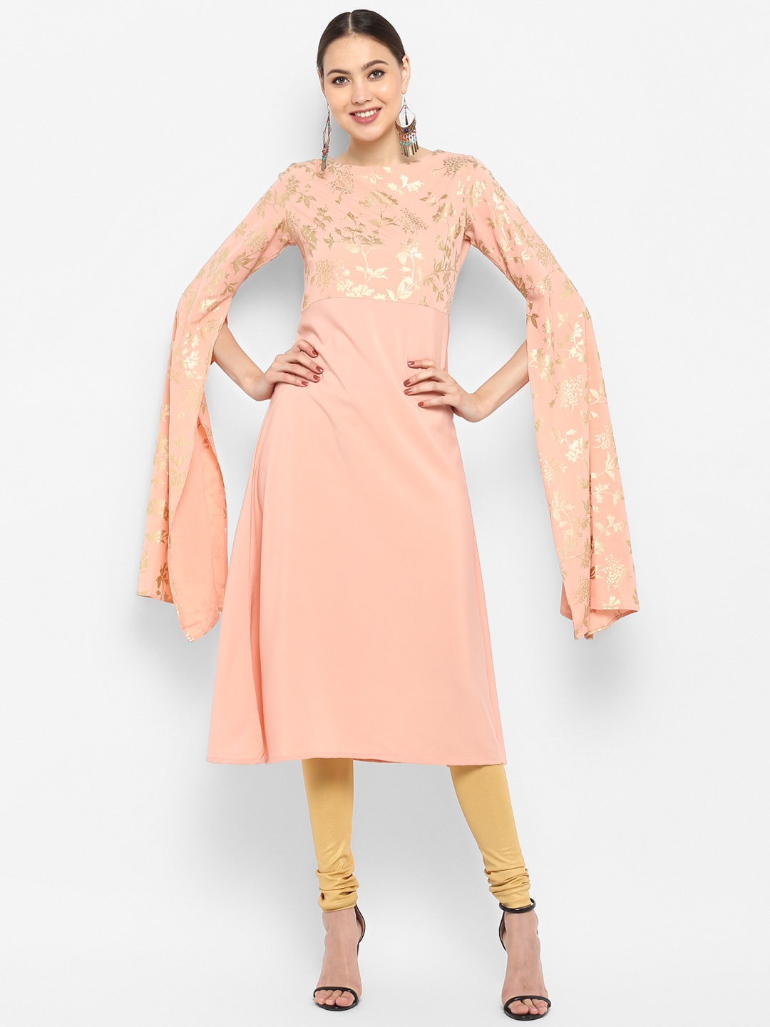 

Janasya Women Peach-Coloured Floral Print A-Line Kurta