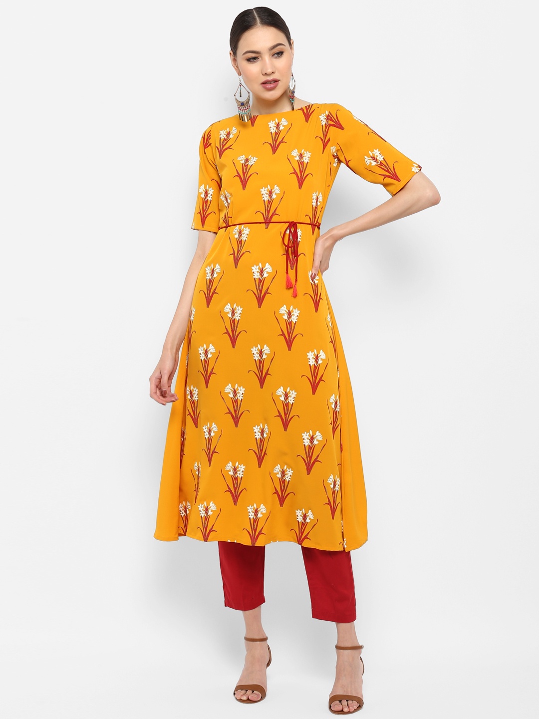 

Janasya Women Mustard Yellow Floral Print A-Line Kurta