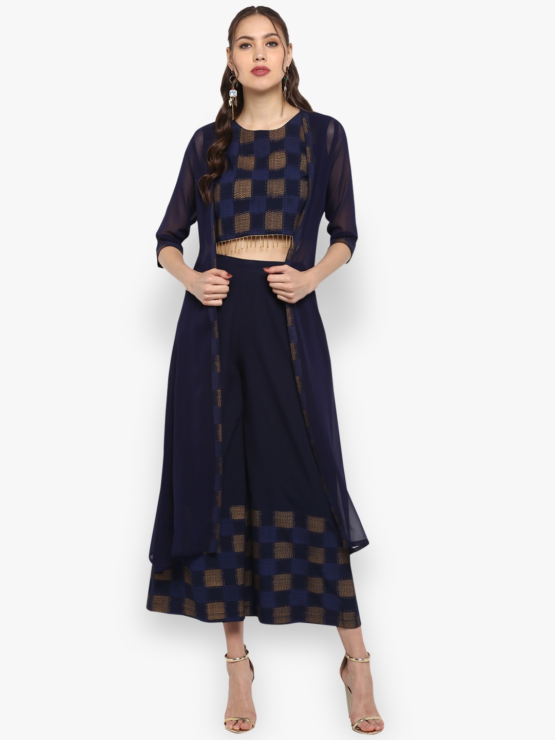 

Janasya Printed Top with Palazzos, Navy blue