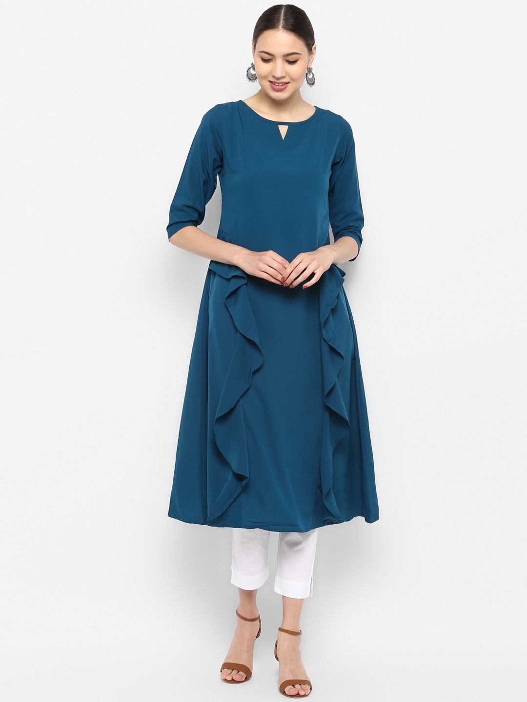 

Janasya Women Blue Solid Ruffled A-Line Kurta