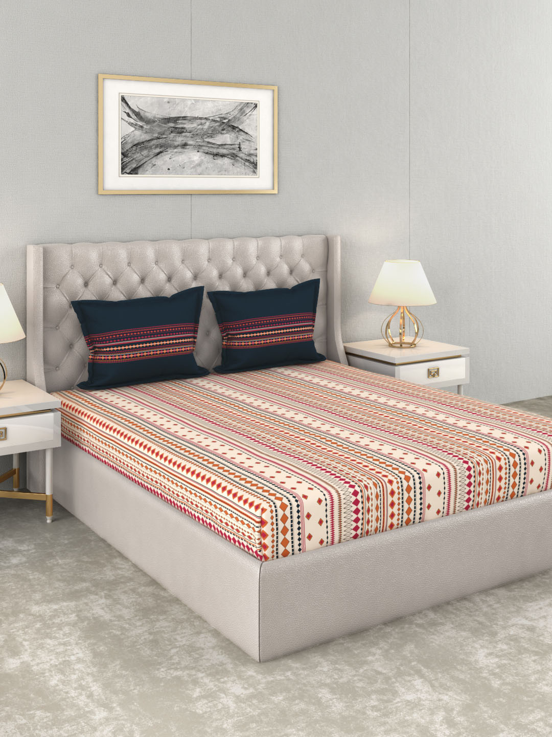 

MYTRIDENT Multicoloured Geometric 120 TC Cotton 1 Queen Bedsheet with 2 Pillow Covers, Multi