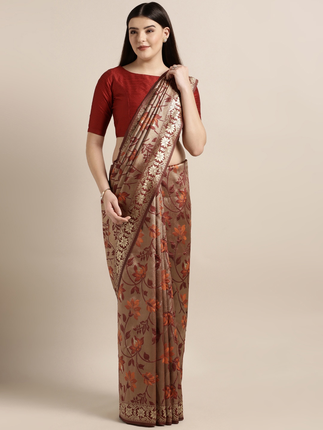 

MOKSHA DESIGNS Maroon & Gold-Toned Pure Silk Woven Design Banarasi Saree