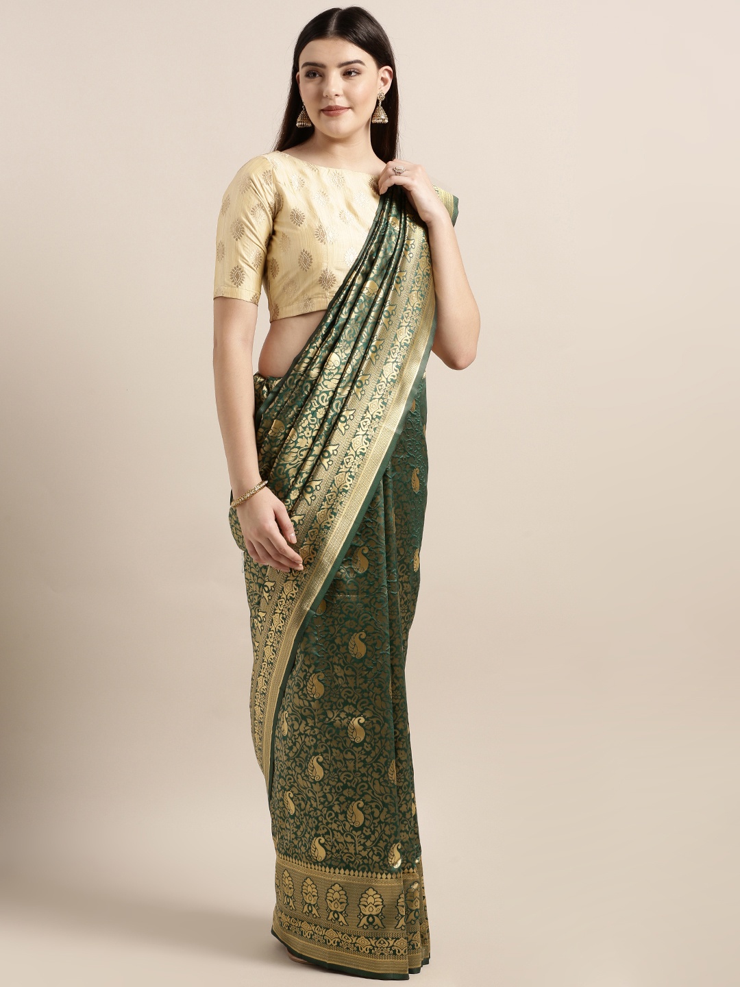 

MOKSHA DESIGNS Teal Green & Golden Pure Silk Woven Design Banarasi Saree
