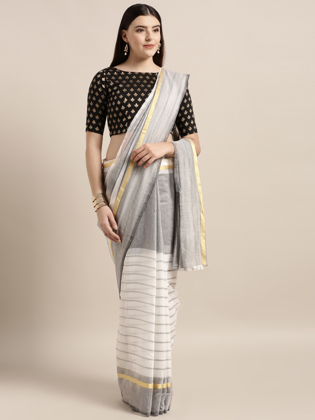

MOKSHA DESIGNS White & Grey Cotton Blend Solid Chanderi Saree