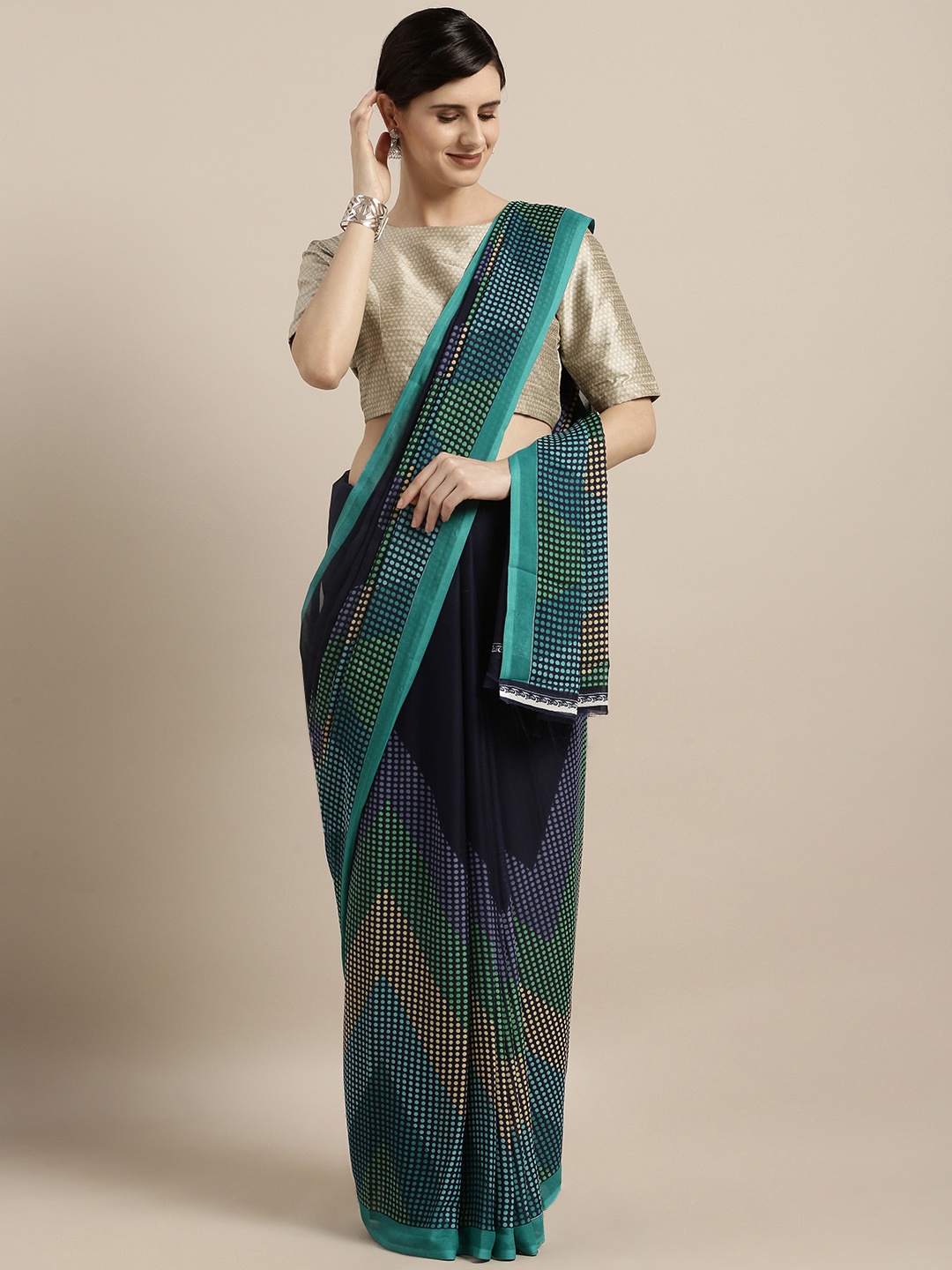 

MOKSHA DESIGNS Navy Blue & Teal Green Poly Crepe Printed Saree