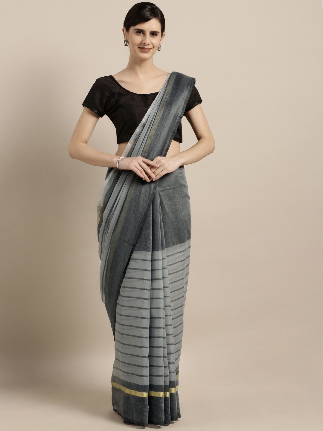 

MOKSHA DESIGNS Grey Cotton Blend Striped Chanderi Saree