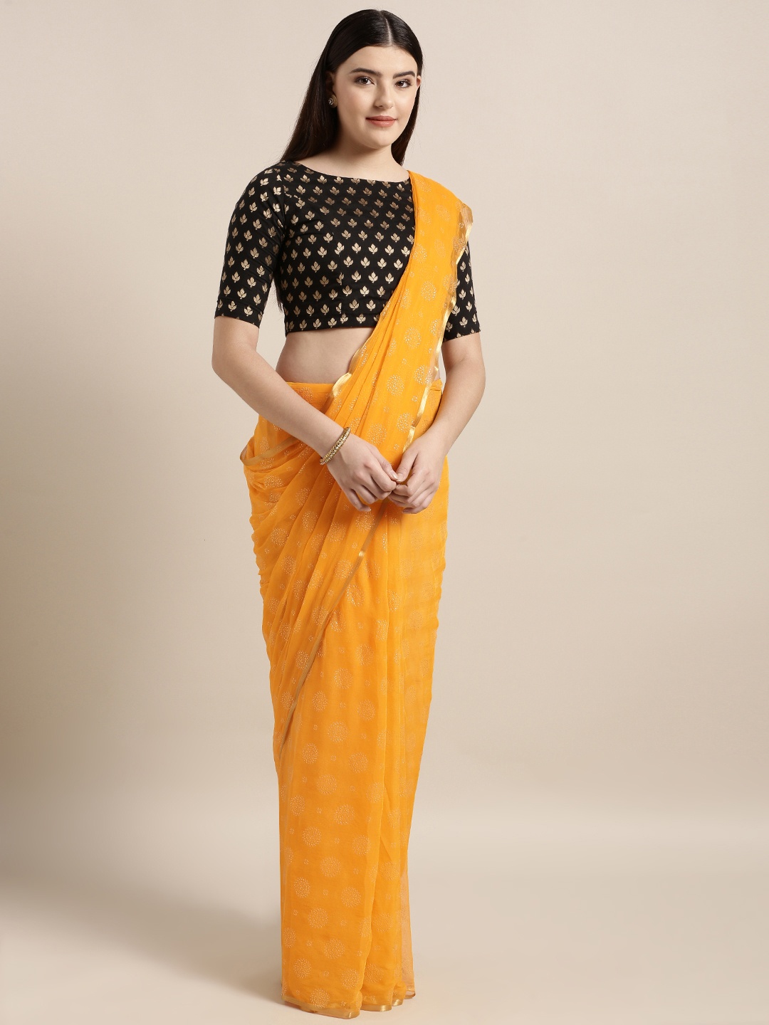 

MOKSHA DESIGNS Mustard Yellow Embellished Pure Chiffon Saree