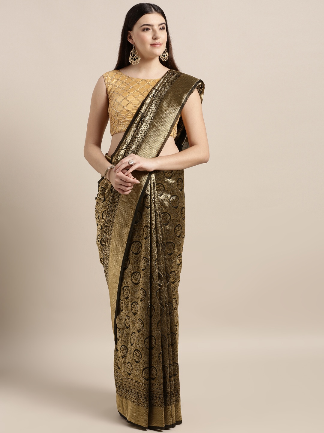

MOKSHA DESIGNS Black & Gold-Toned Pure Silk Woven Design Banarasi Saree