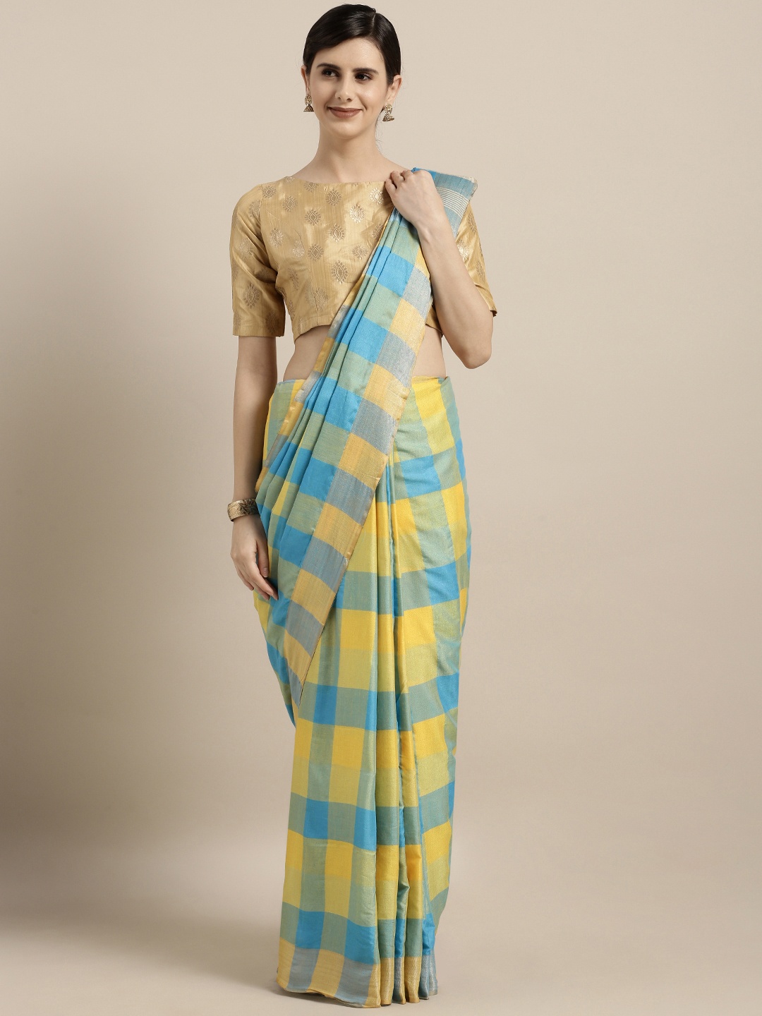 

MOKSHA DESIGNS Yellow & Blue Pure Linen Checked Saree