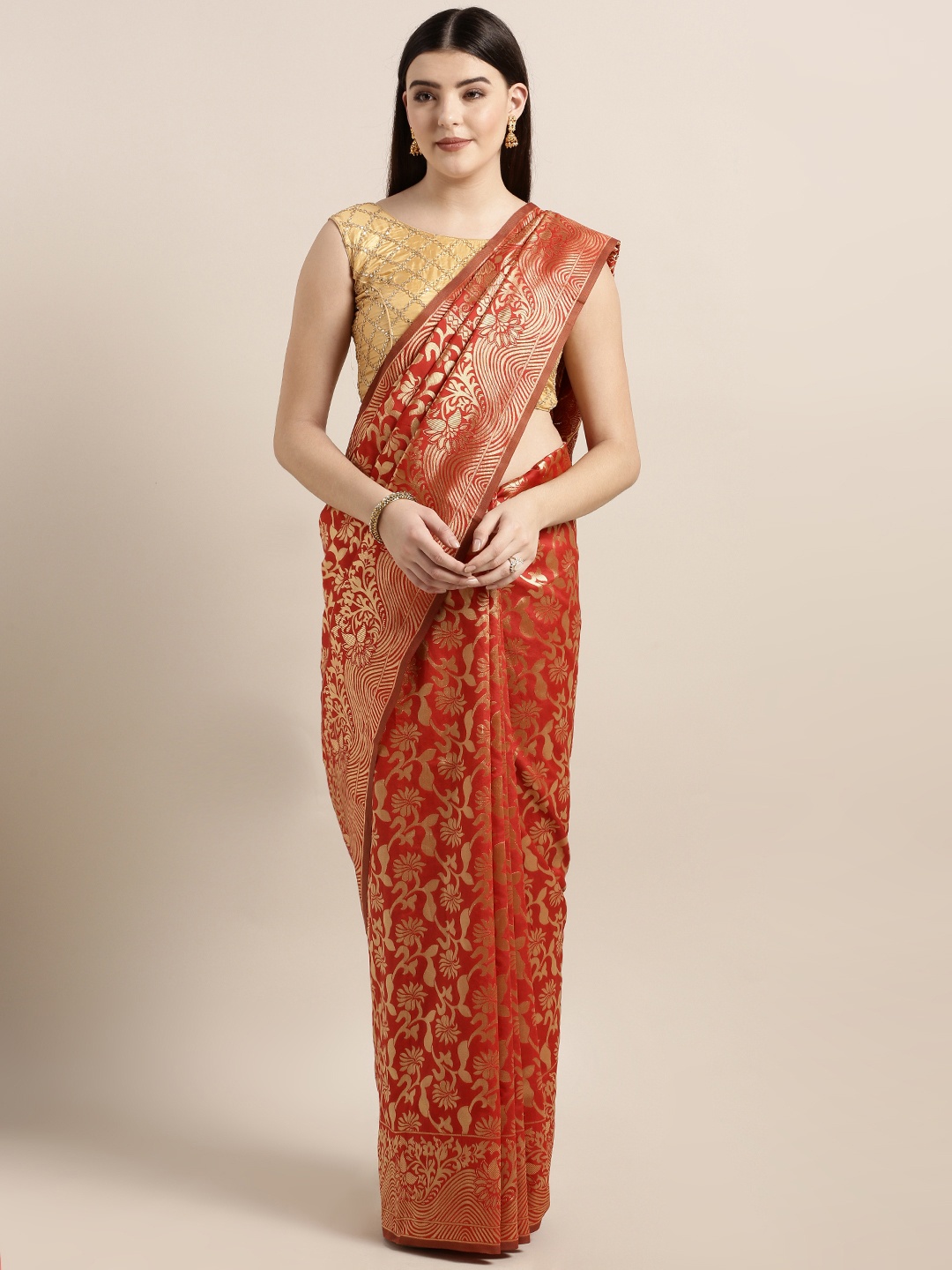 

MOKSHA DESIGNS Red & Golden Pure Silk Woven Design Banarasi Saree