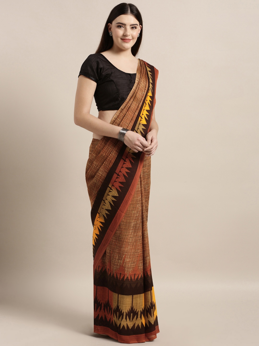 

MOKSHA DESIGNS Brown & Beige Poly Crepe Checked Saree