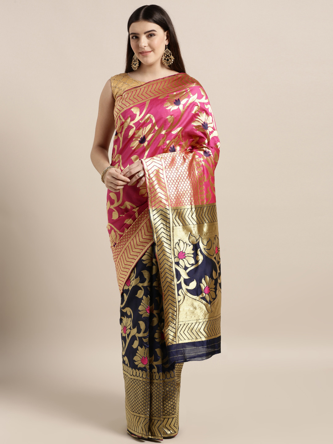 

MOKSHA DESIGNS Pink & Navy Blue Pure Silk Woven Design Banarasi Saree