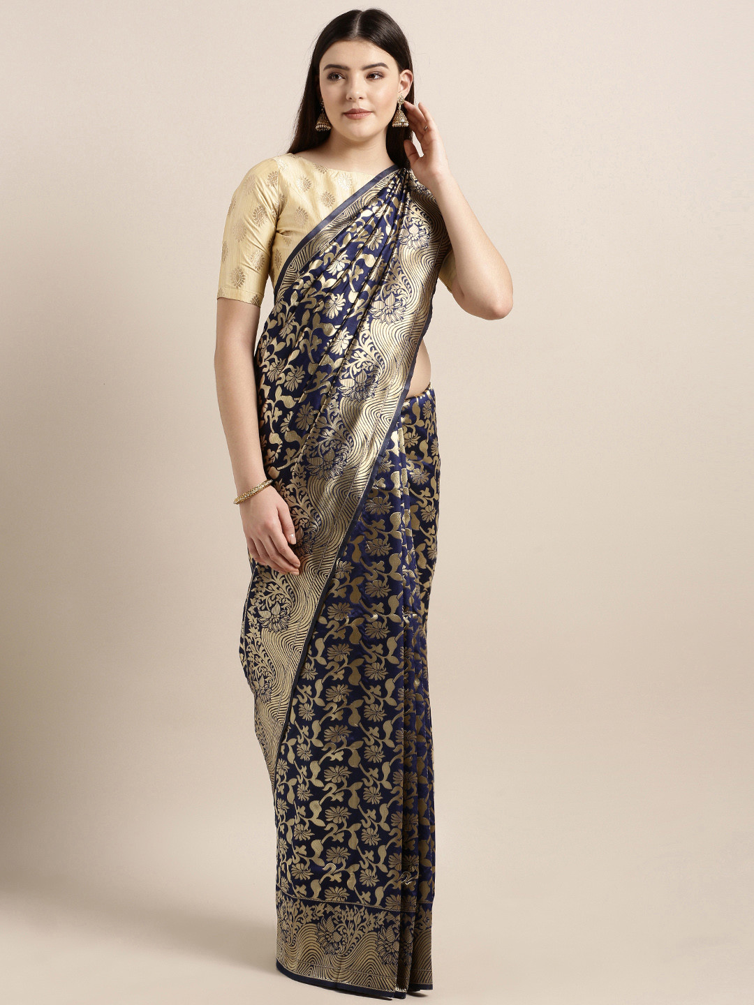 

MOKSHA DESIGNS Navy Blue & Golden Pure Silk Woven Design Banarasi Saree