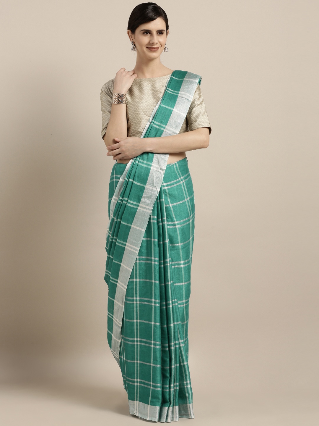 

MOKSHA DESIGNS Green Checked Pure Linen Saree