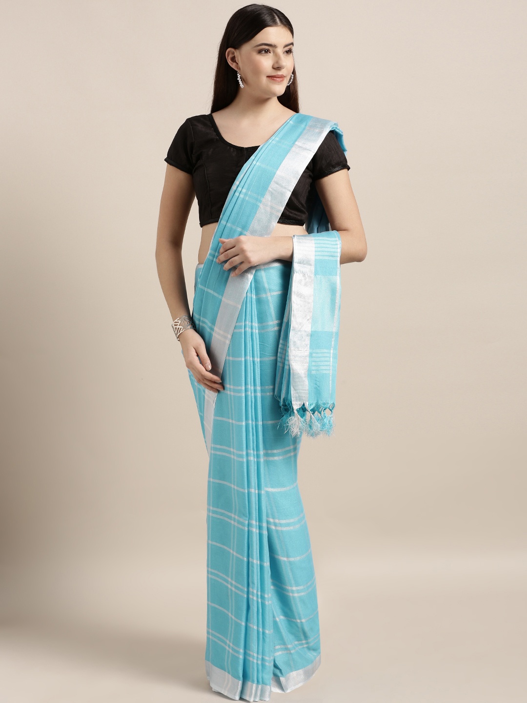 

MOKSHA DESIGNS Blue & White Pure Linen Checked Saree