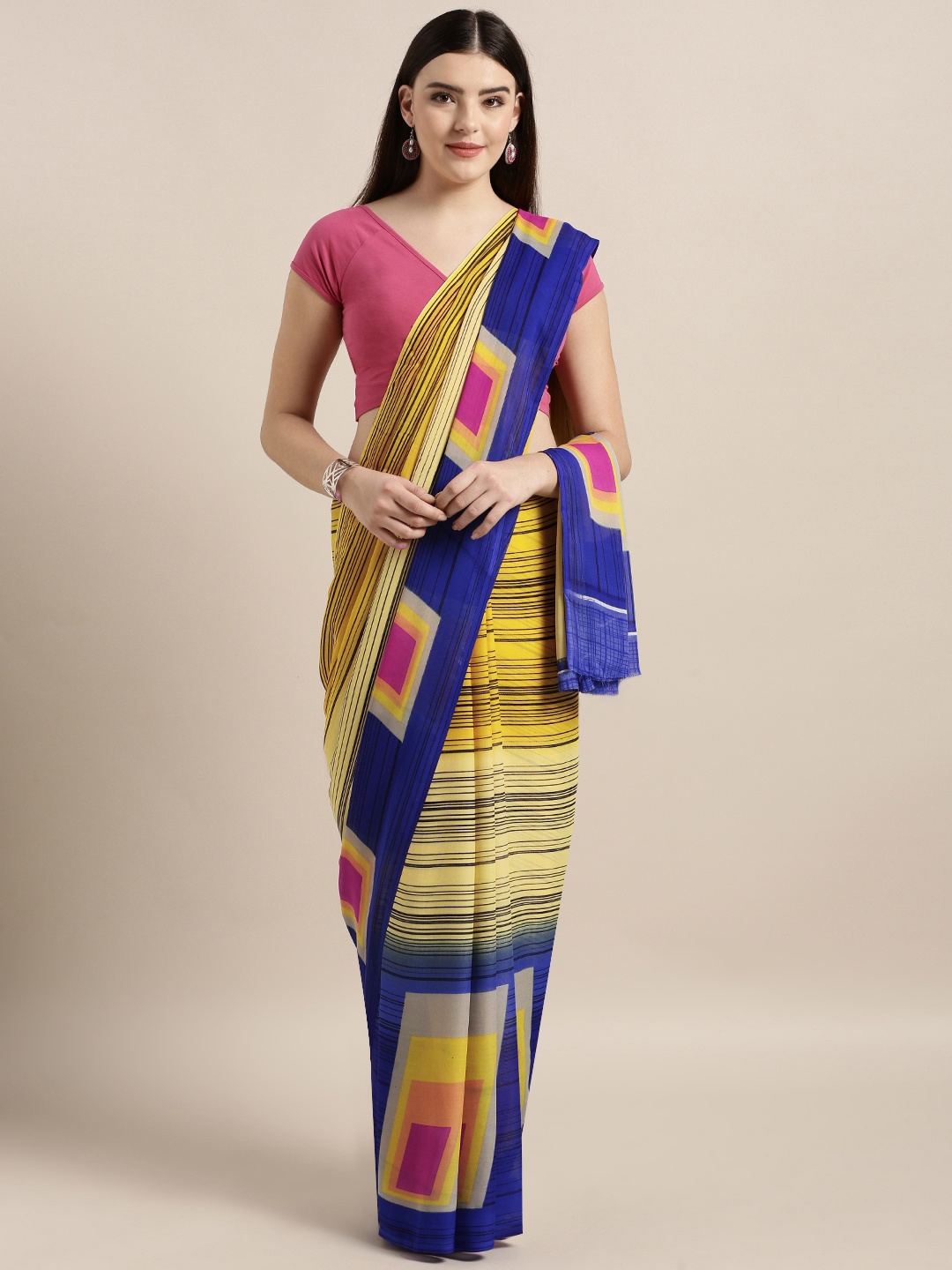 

MOKSHA DESIGNS Yellow & Black Poly Crepe Striped Saree