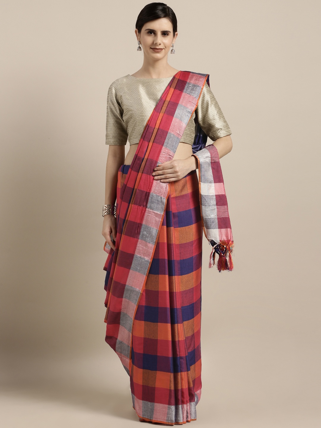 

MOKSHA DESIGNS Multicoloured Checked Pure Linen Saree, Multi
