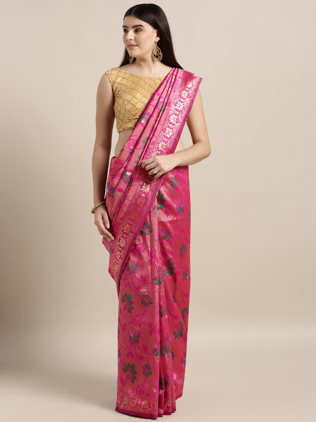 

MOKSHA DESIGNS Pink & Green Pure Silk Woven Design Banarasi Saree