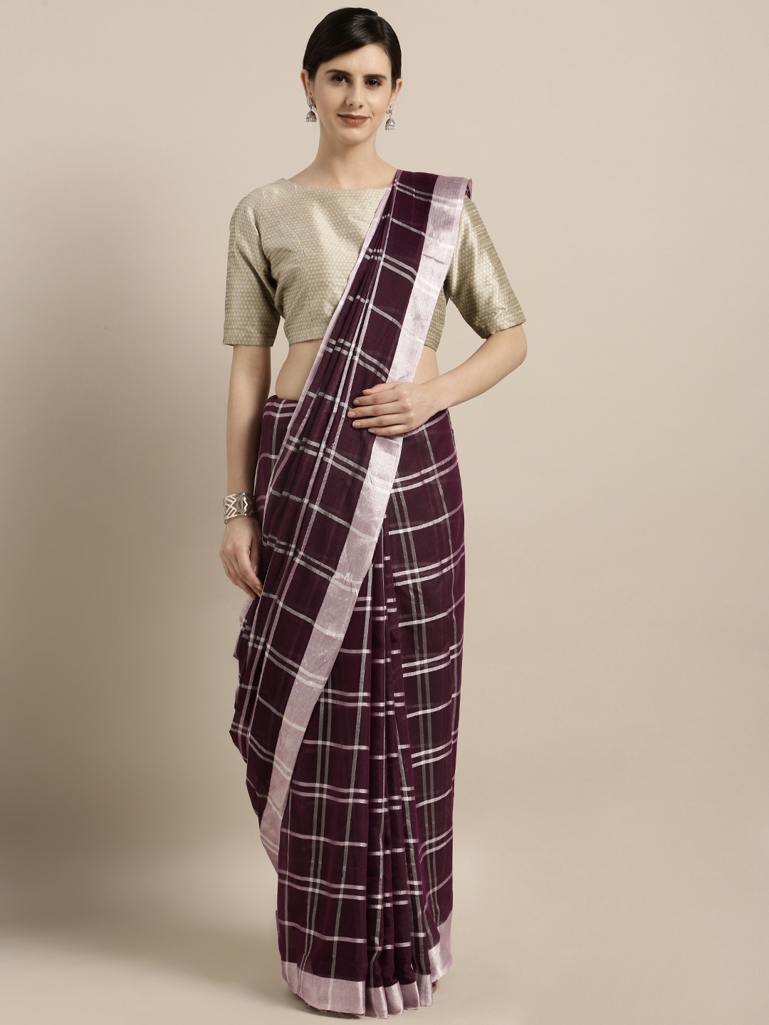 

MOKSHA DESIGNS Purple & Silver-Toned Pure Linen Checked Saree