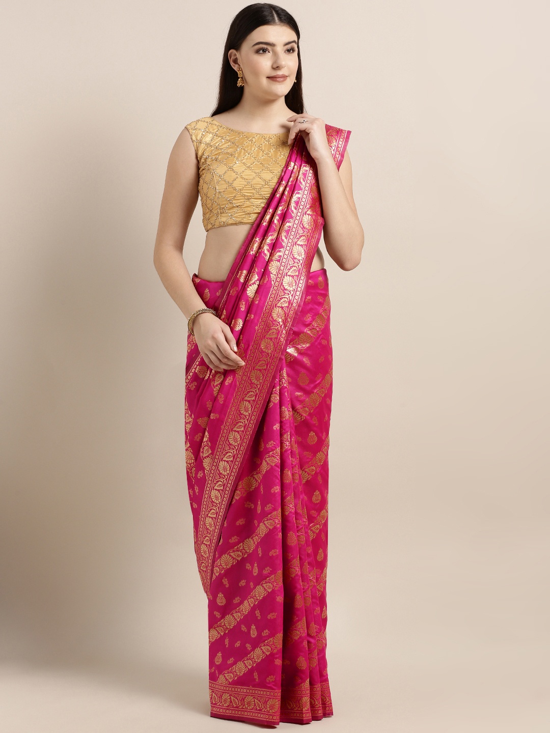 

MOKSHA DESIGNS Pink & Golden Pure Silk Woven Design Banarasi Saree