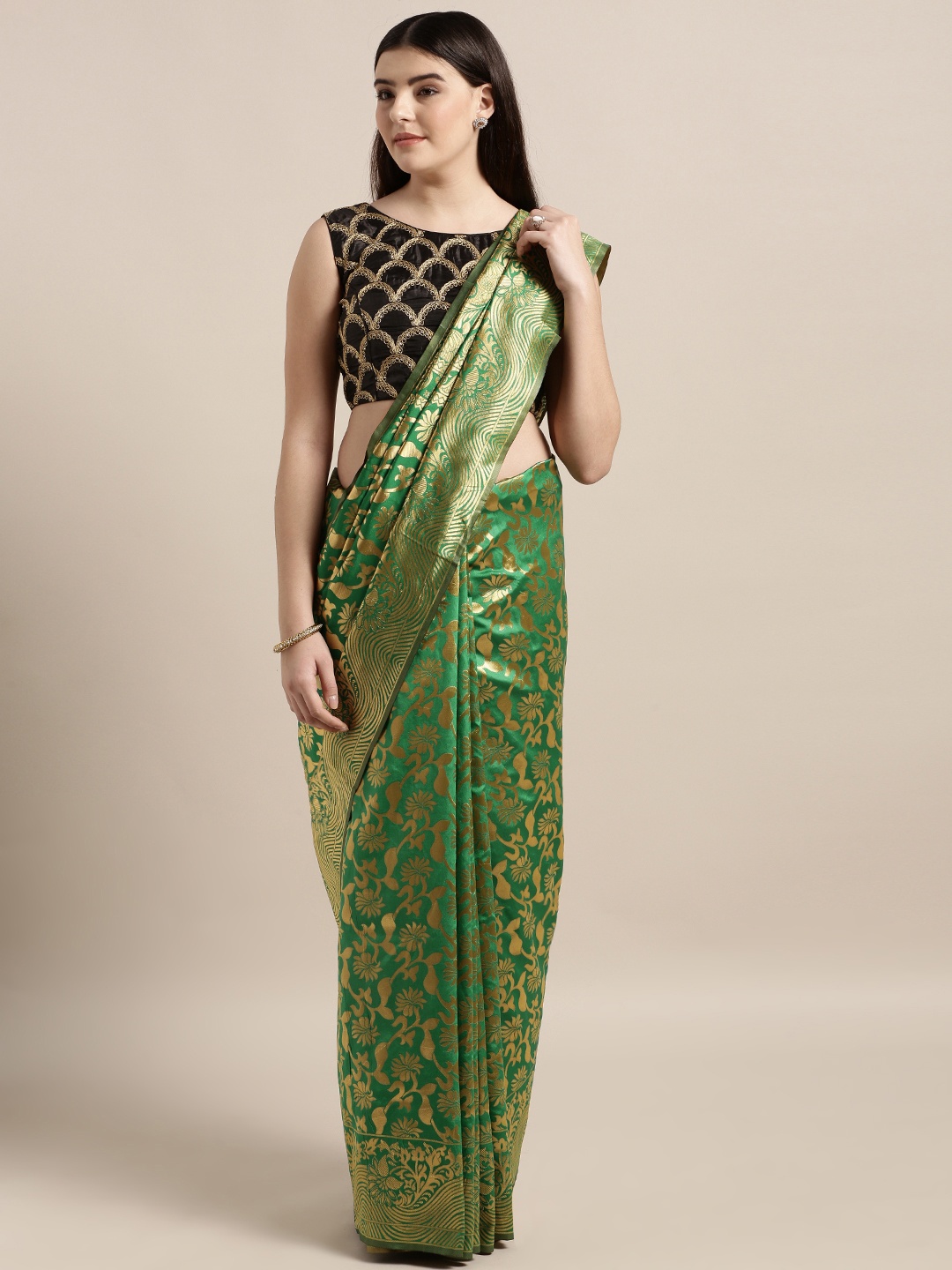 

MOKSHA DESIGNS Green & Gold-Toned Pure Silk Woven Design Banarasi Saree